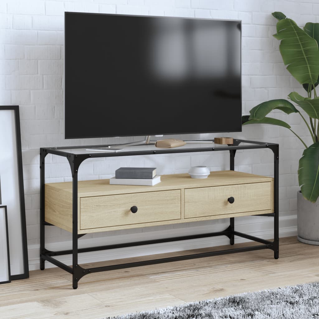 Meuble TV avec dessus en verre chêne sonoma bois d'ingénierie - XIOS