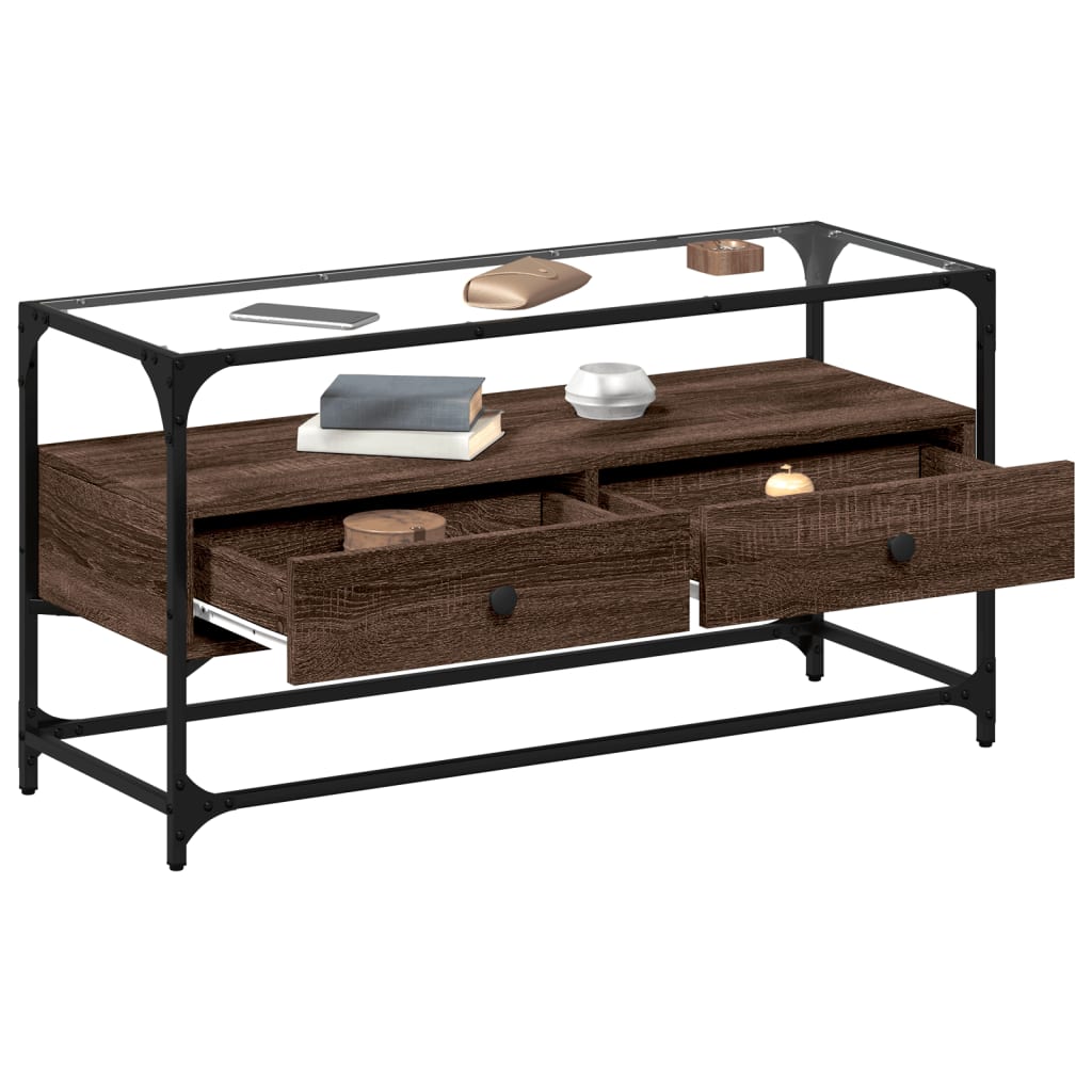 Meuble TV avec dessus en verre chêne marron bois d'ingénierie - XIOS