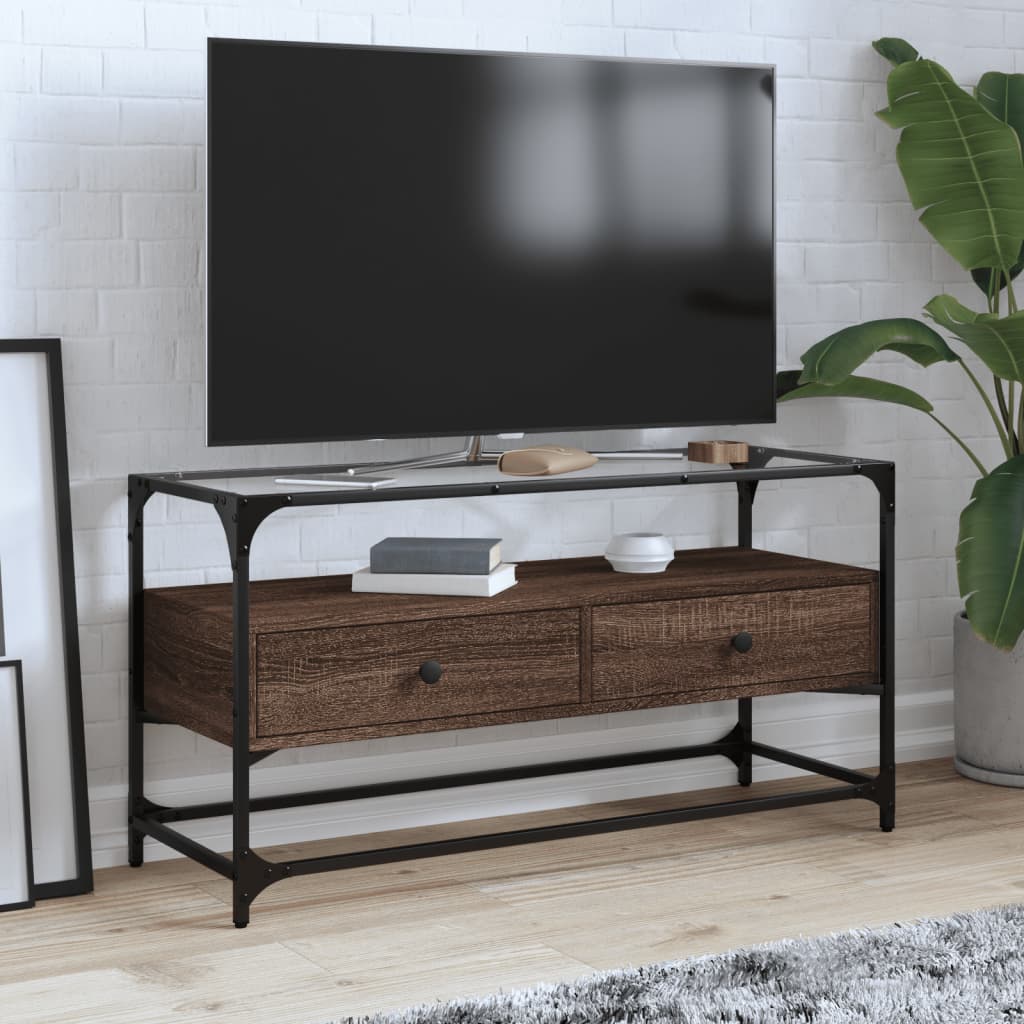 Meuble TV avec dessus en verre chêne marron bois d'ingénierie - XIOS