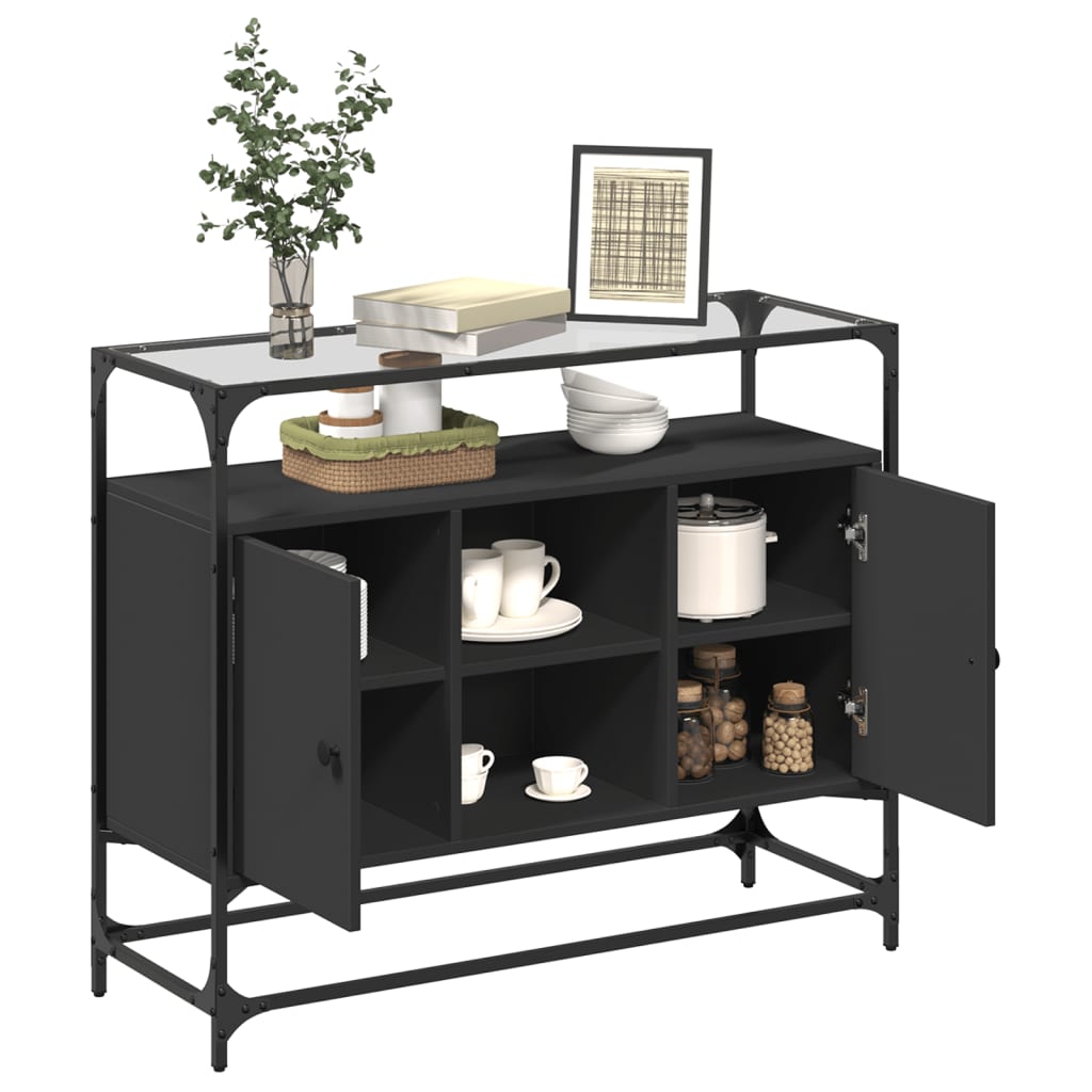 Buffet avec dessus en verre noir 98x35x81 cm bois d'ingénierie - XIOS