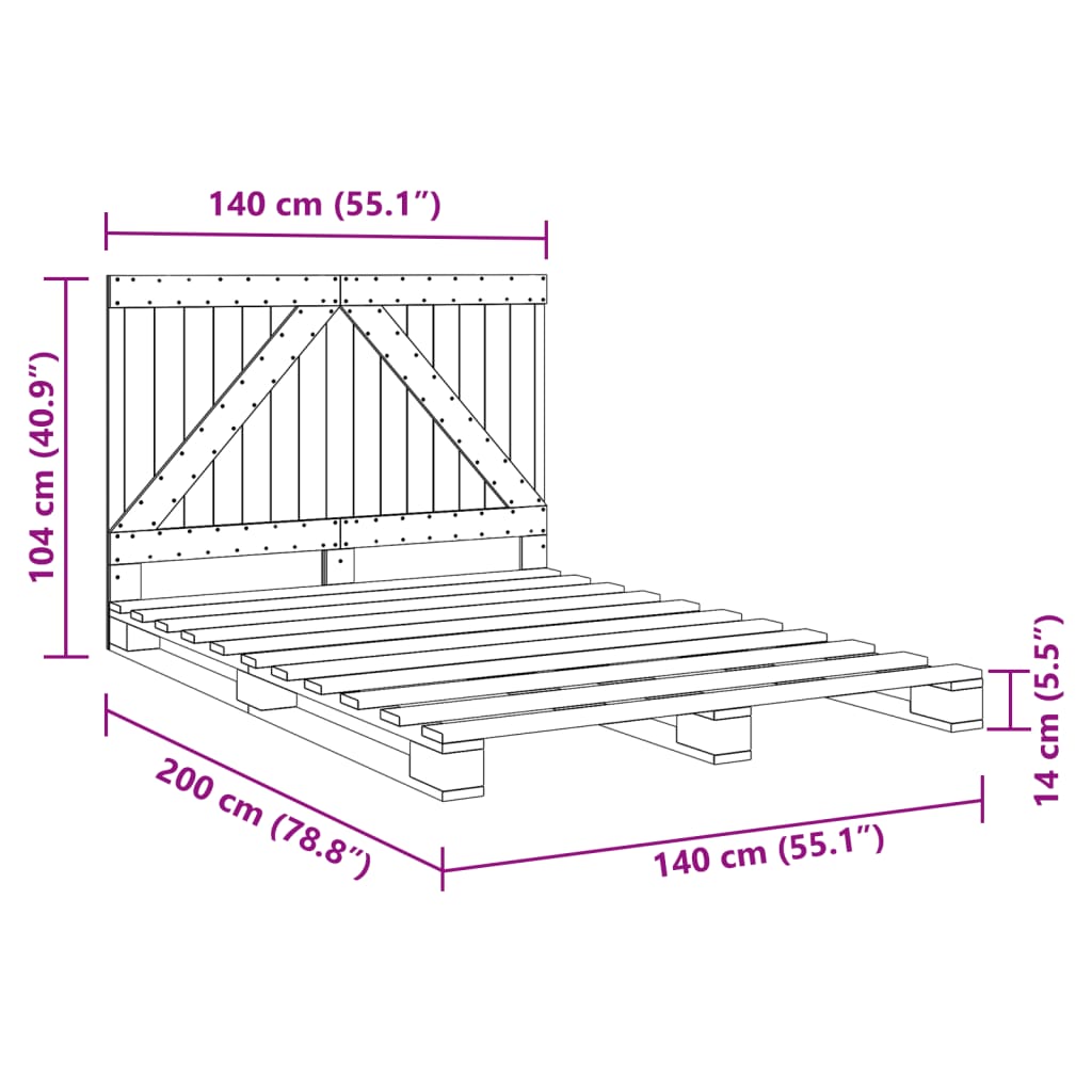 Cadre de lit sans matelas gris 140x200 cm bois massif de pin - XIOS