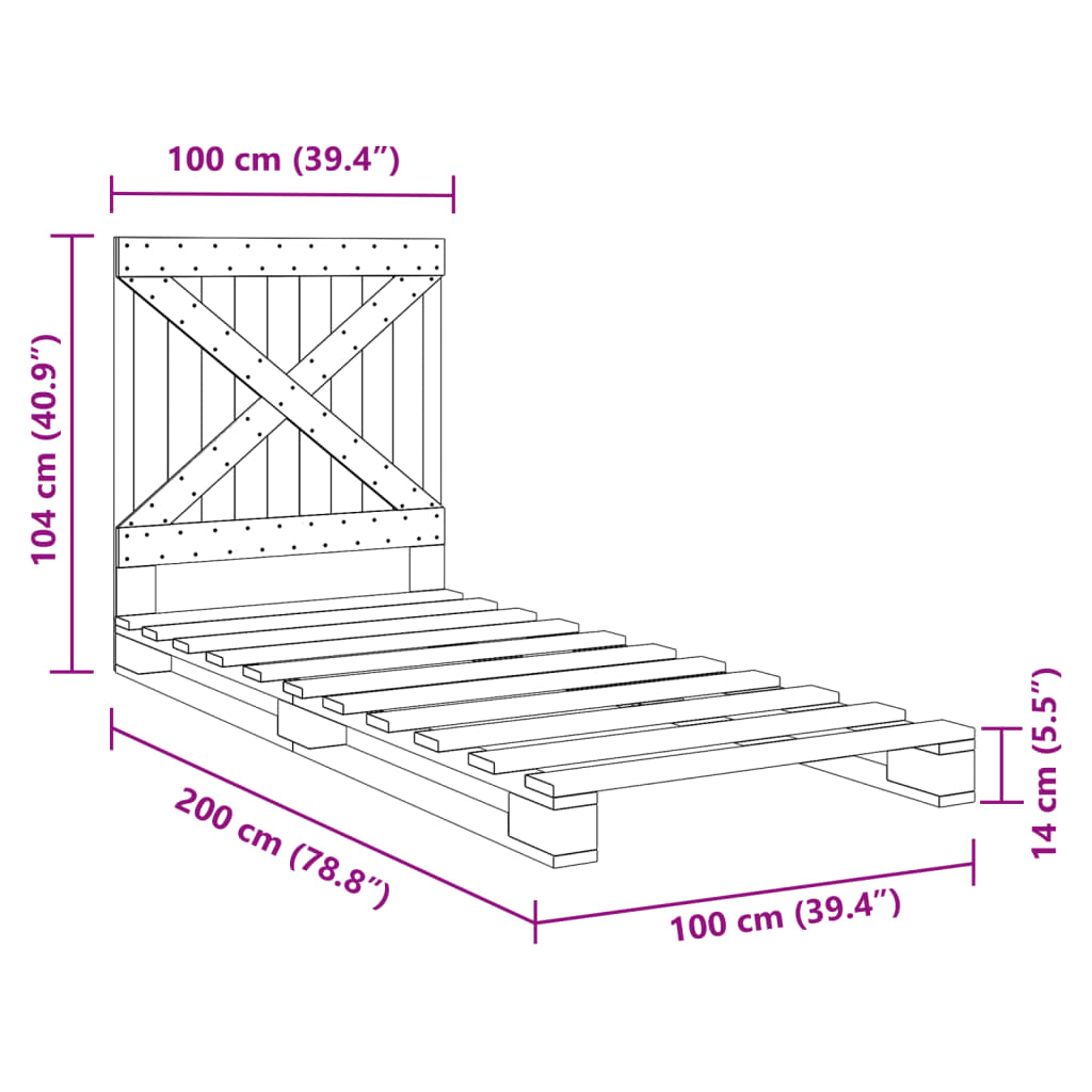 Cadre de lit sans matelas gris 100x200 cm bois massif de pin - XIOS