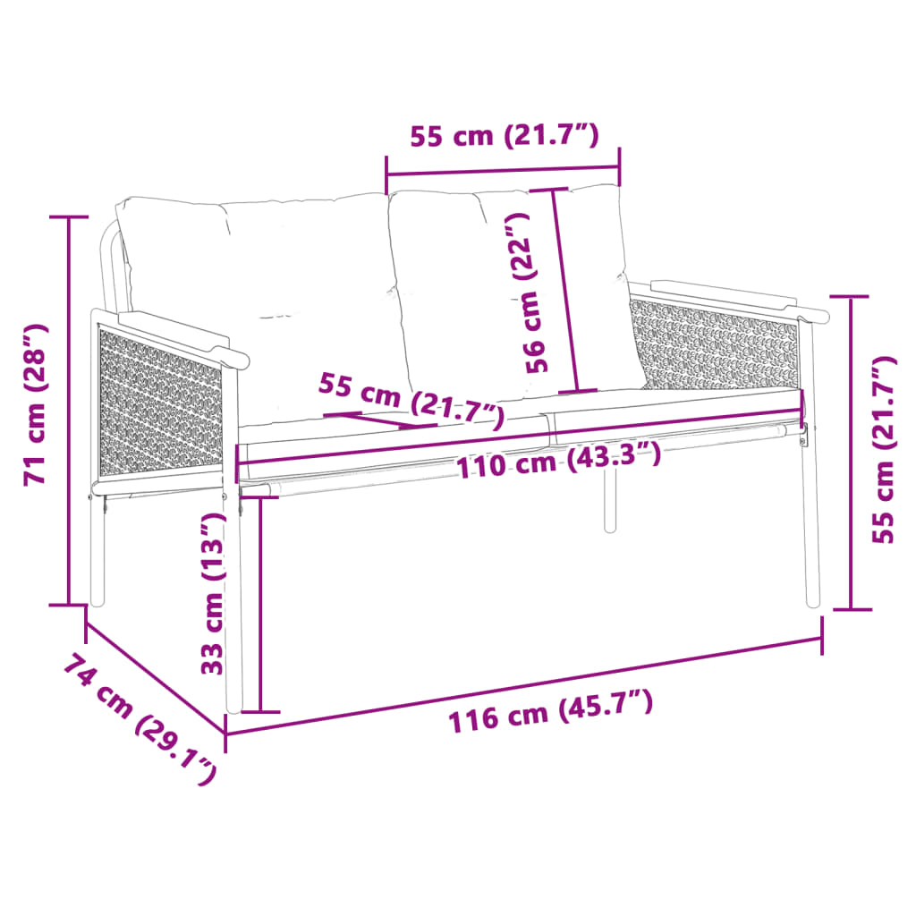 Banc de jardin avec coussins 116 cm noir acier - XIOS