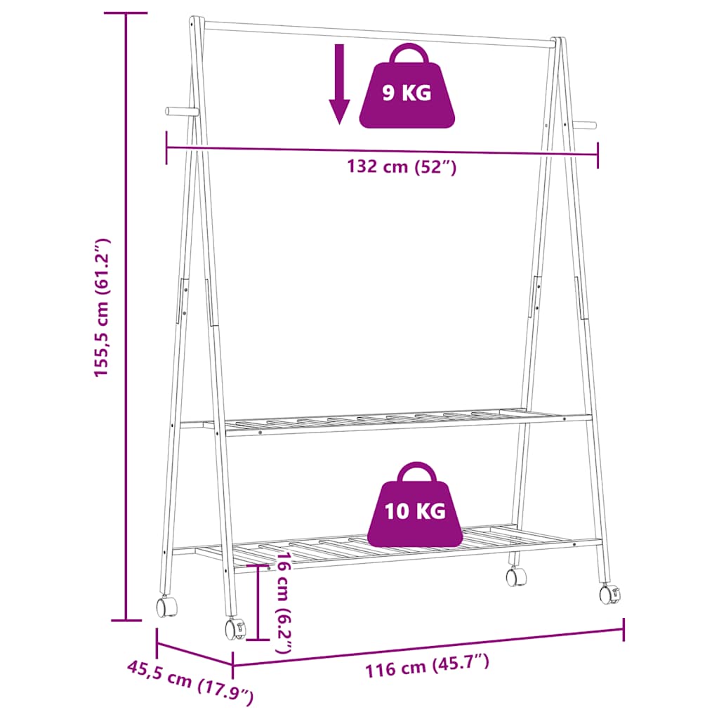 Porte-vêtements et étagères roulettes 132x45,5x155,5cm bambou - XIOS