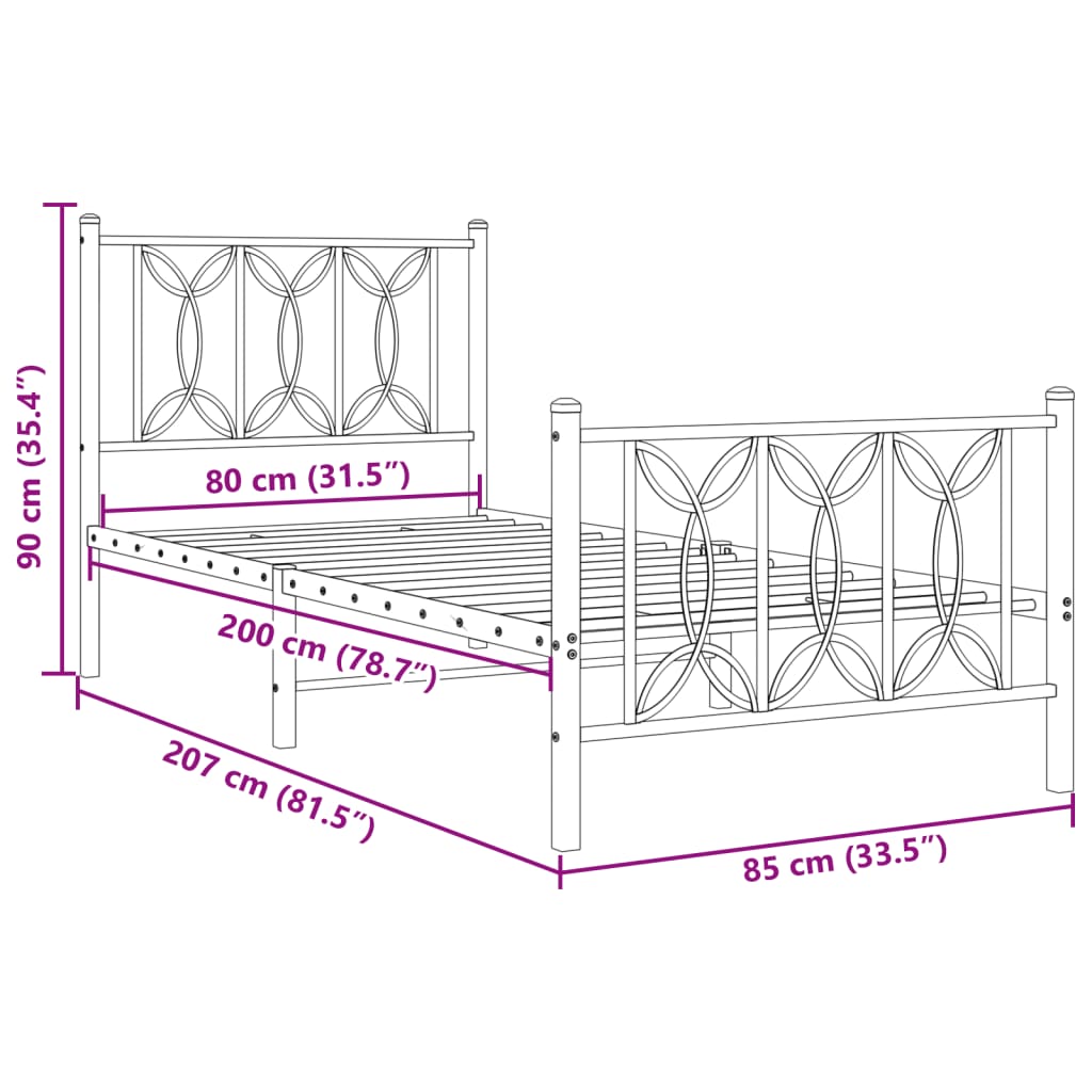 Cadre de lit métal sans matelas avec pied de lit blanc 80x200cm - XIOS