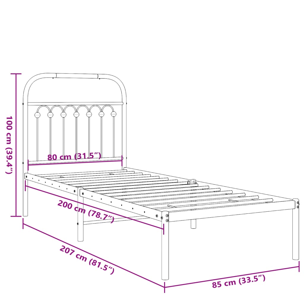 Cadre de lit métal sans matelas avec tête de lit noir 80x200 cm - XIOS