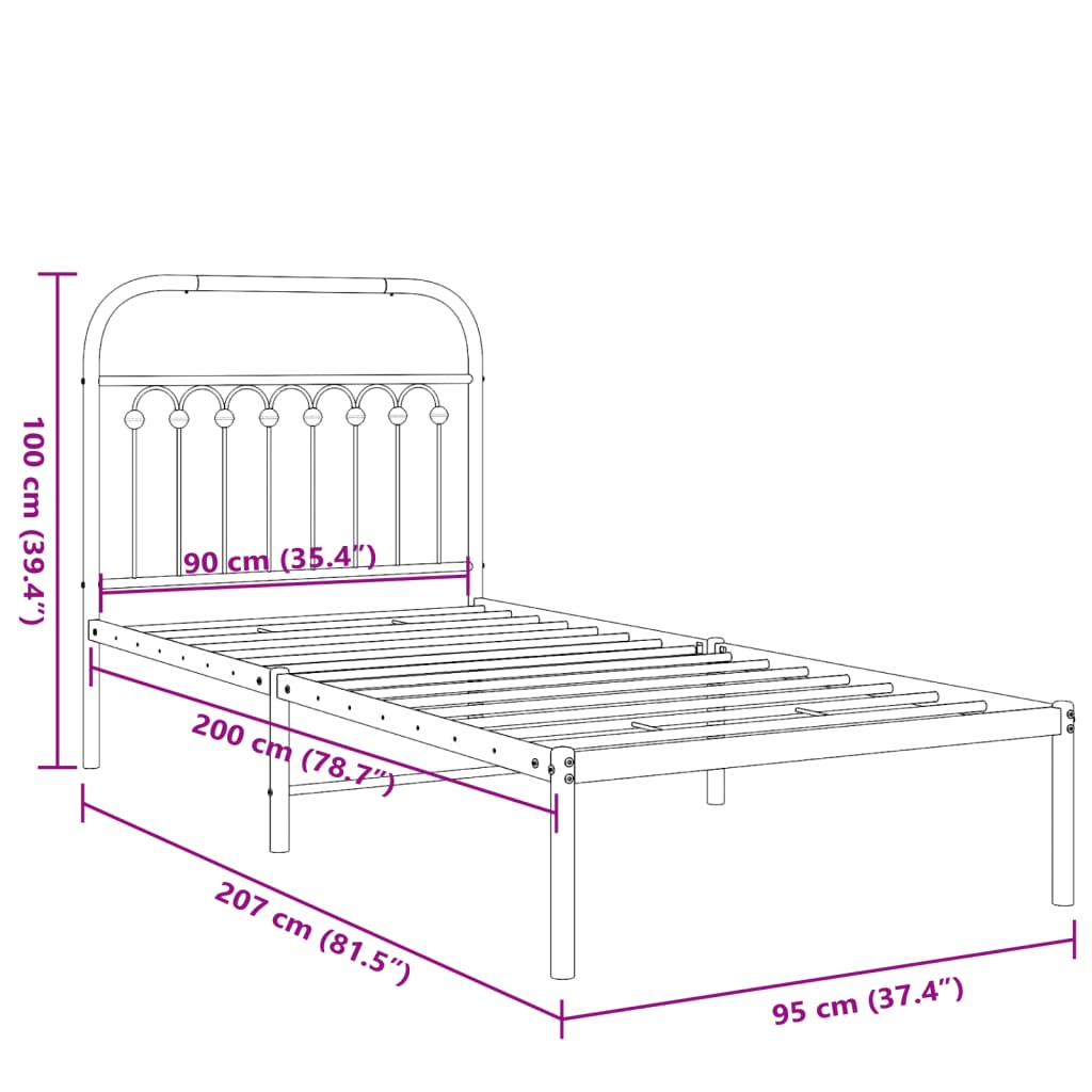 Cadre de lit métal sans matelas avec tête de lit noir 90x200 cm - XIOS