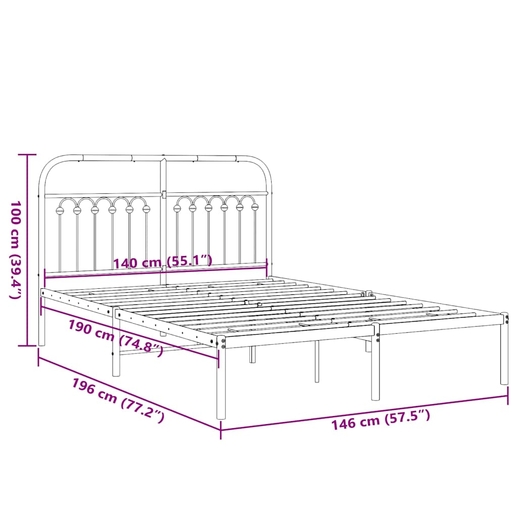 Cadre de lit métal sans matelas avec tête de lit noir 140x190cm - XIOS