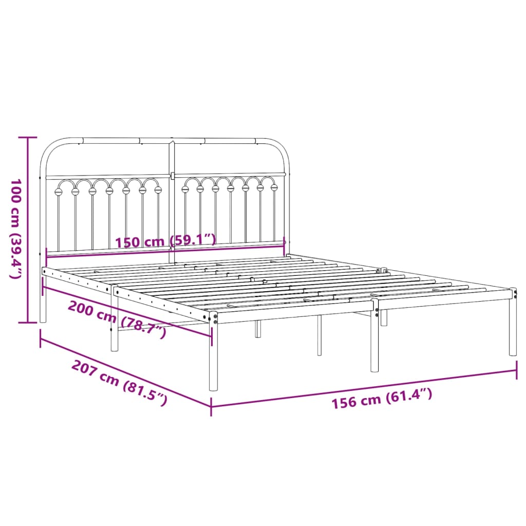 Cadre de lit métal sans matelas avec tête de lit noir 150x200cm - XIOS