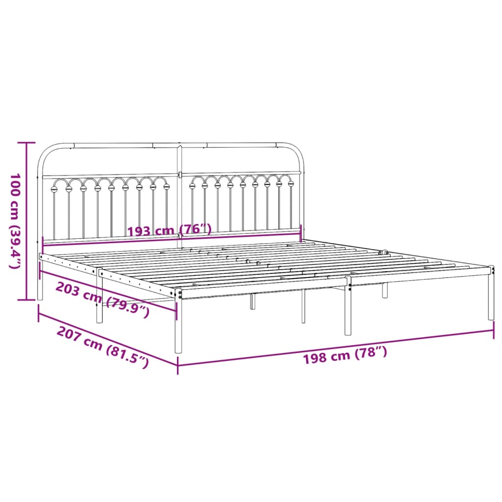 Cadre de lit métal sans matelas avec tête de lit noir 193x203cm - XIOS