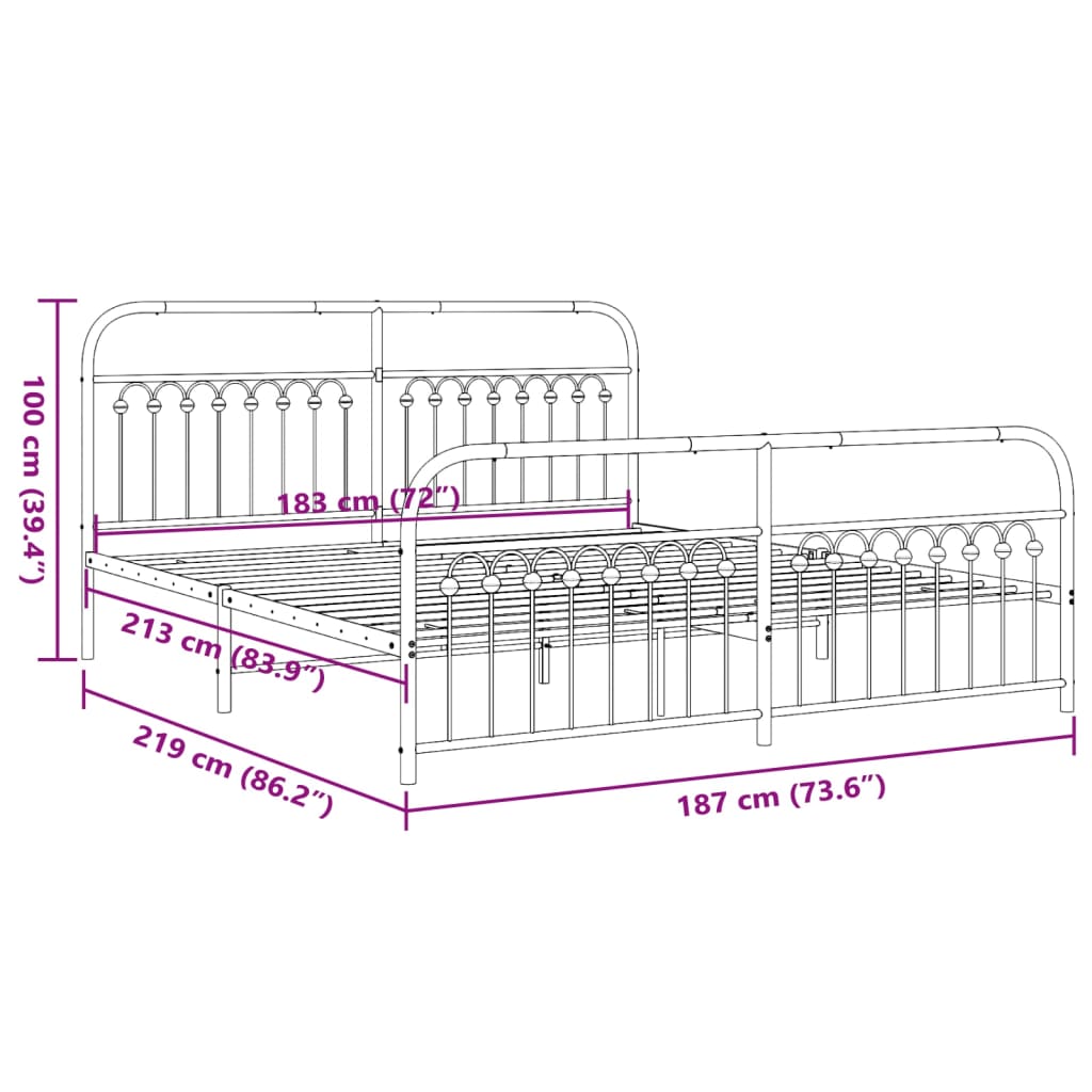 Cadre de lit métal sans matelas avec pied de lit noir 183x213cm - XIOS