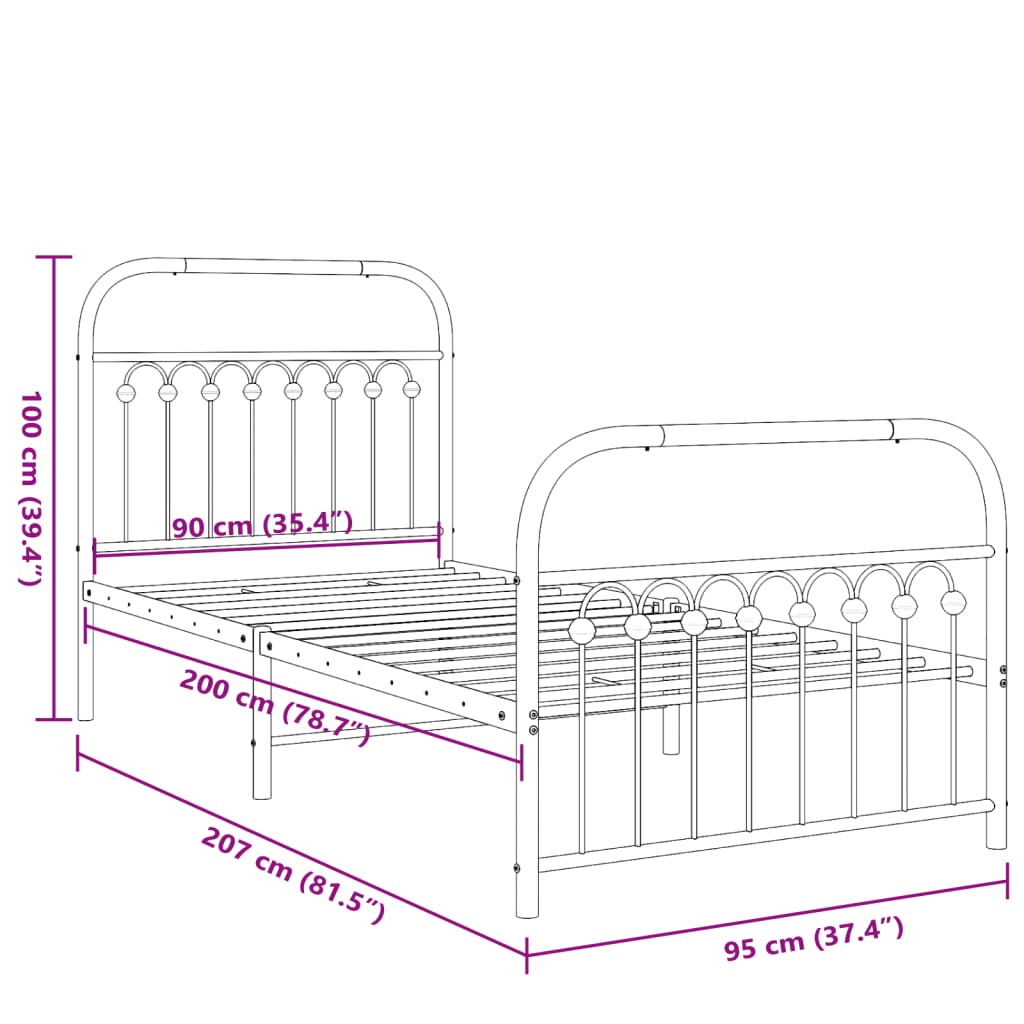Cadre de lit métal sans matelas avec pied de lit blanc 90x200cm - XIOS