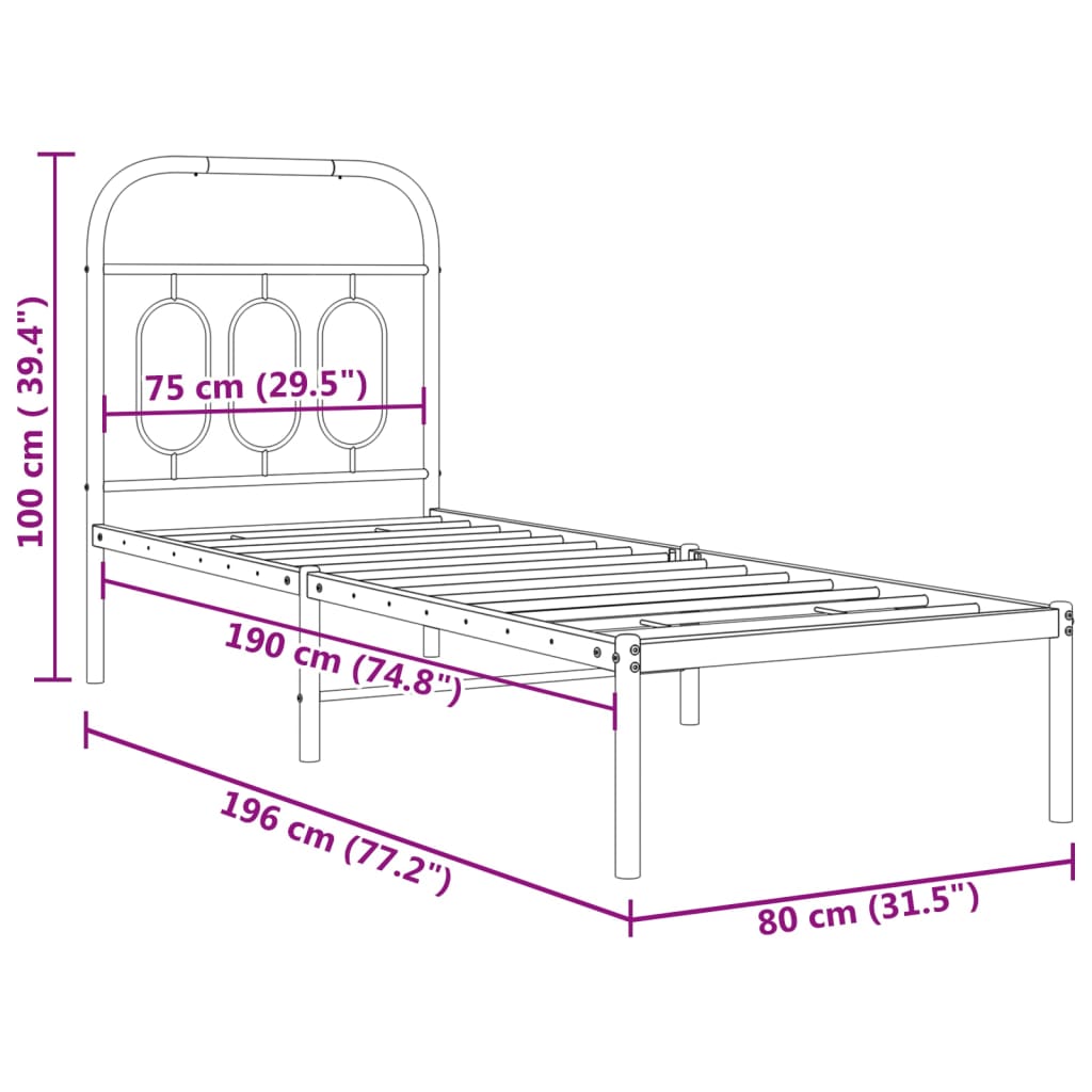 Cadre de lit métal sans matelas avec tête de lit noir 75x190 cm - XIOS
