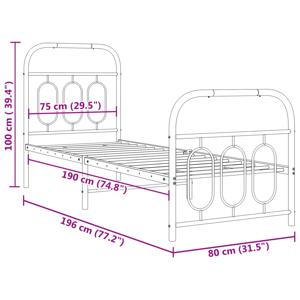 Cadre de lit métal sans matelas avec pied de lit noir 75x190 cm - XIOS