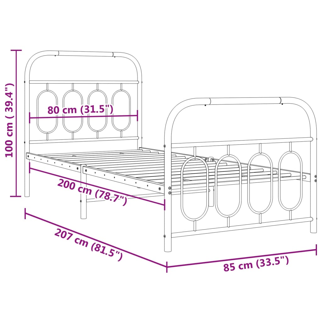 Cadre de lit métal sans matelas avec pied de lit noir 80x200 cm - XIOS