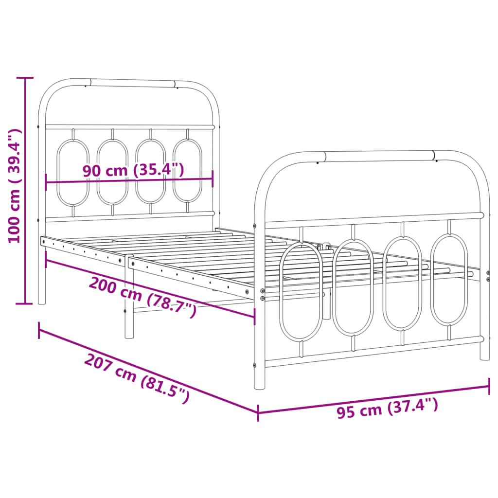 Cadre de lit métal sans matelas avec pied de lit noir 90x200 cm - XIOS