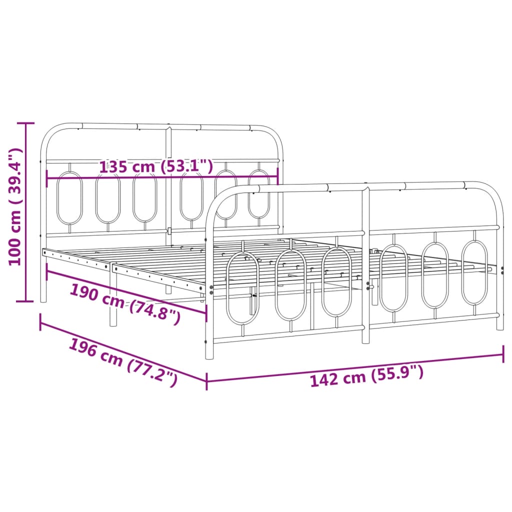 Cadre de lit métal sans matelas avec pied de lit noir 135x190cm - XIOS