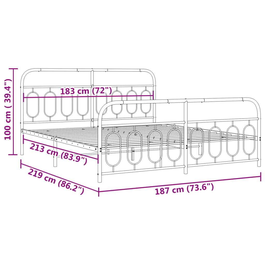 Cadre de lit métal sans matelas avec pied de lit noir 183x213cm - XIOS