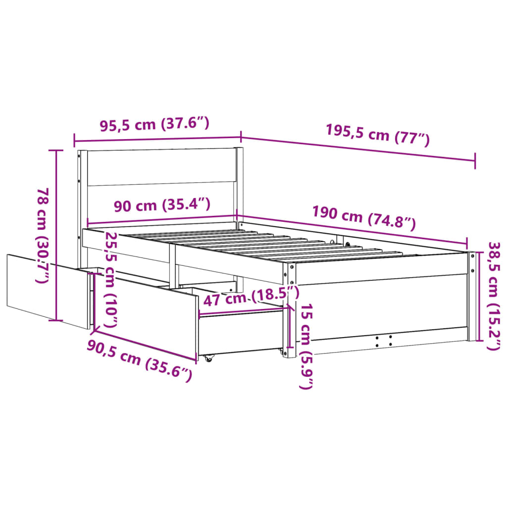Cadre de lit sans matelas cire marron 90x190 cm bois pin massif - XIOS