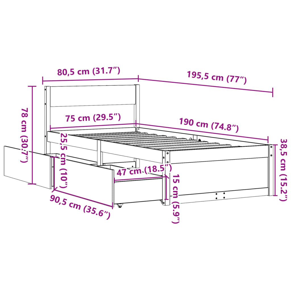 Cadre de lit sans matelas 75x190 cm bois de pin massif - XIOS