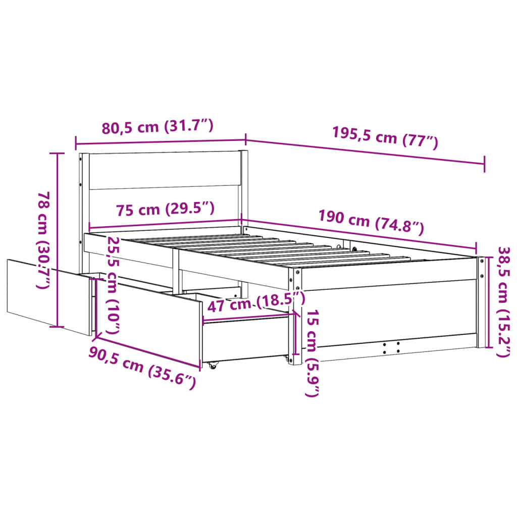 Cadre de lit sans matelas cire marron 75x190 cm bois pin massif - XIOS