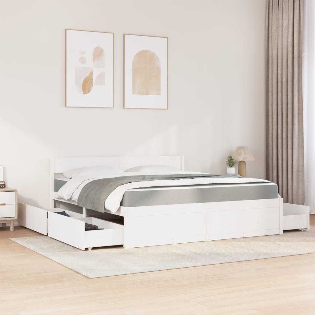 Lit avec tiroirs et matelas blanc 180x200 cm bois massif de pin - XIOS