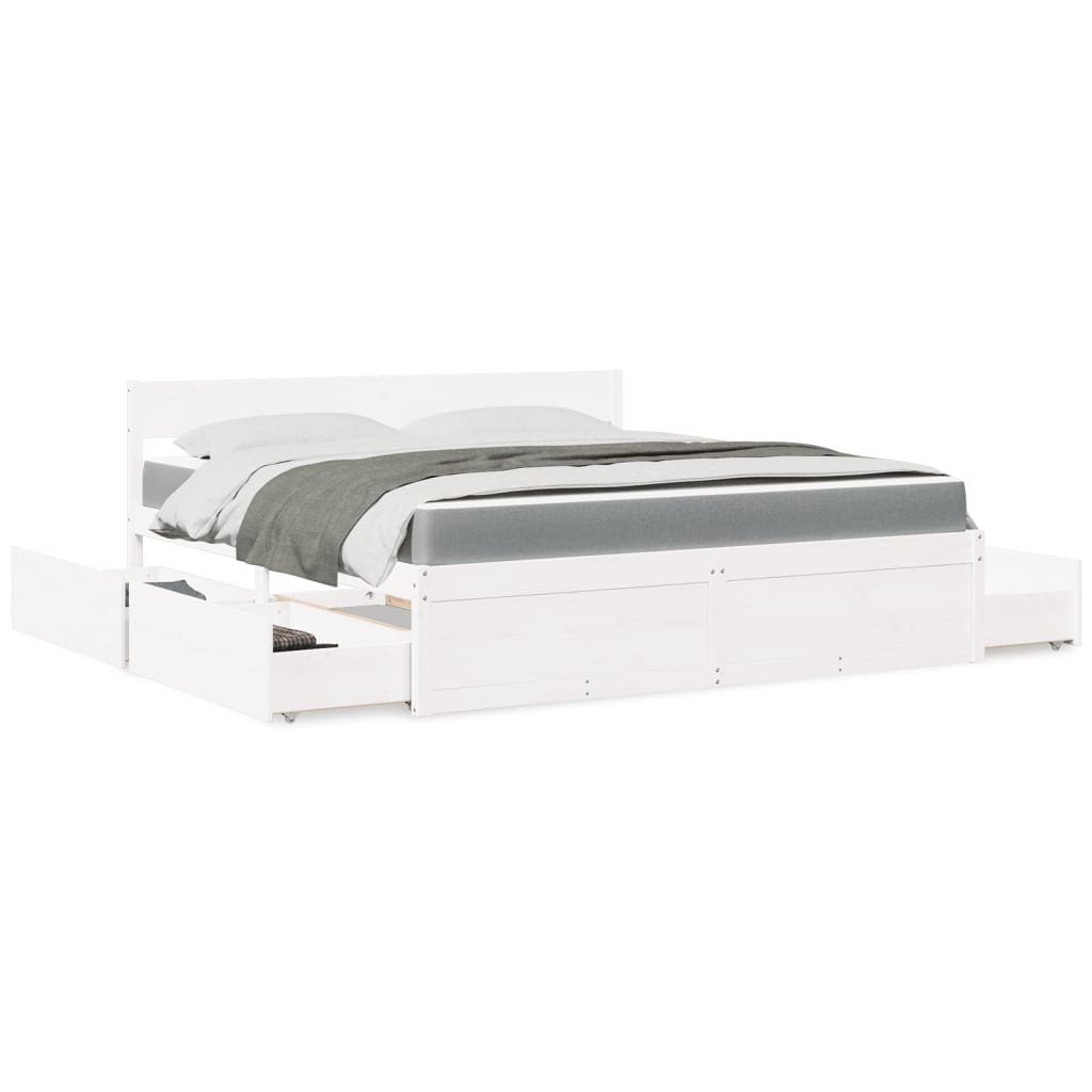 Lit avec tiroirs et matelas blanc 180x200 cm bois massif de pin - XIOS