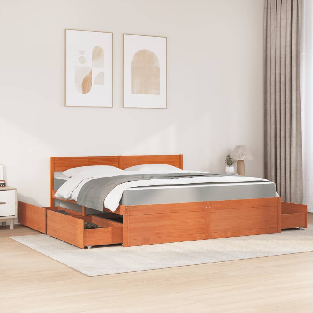 Lit avec tiroirs/matelas cire marron 180x200 cm bois massif pin - XIOS