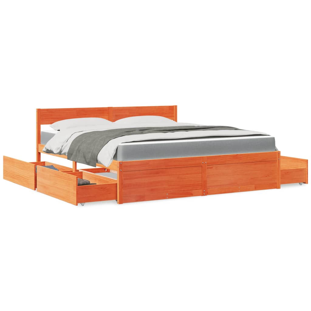 Lit avec tiroirs/matelas cire marron 180x200 cm bois massif pin - XIOS