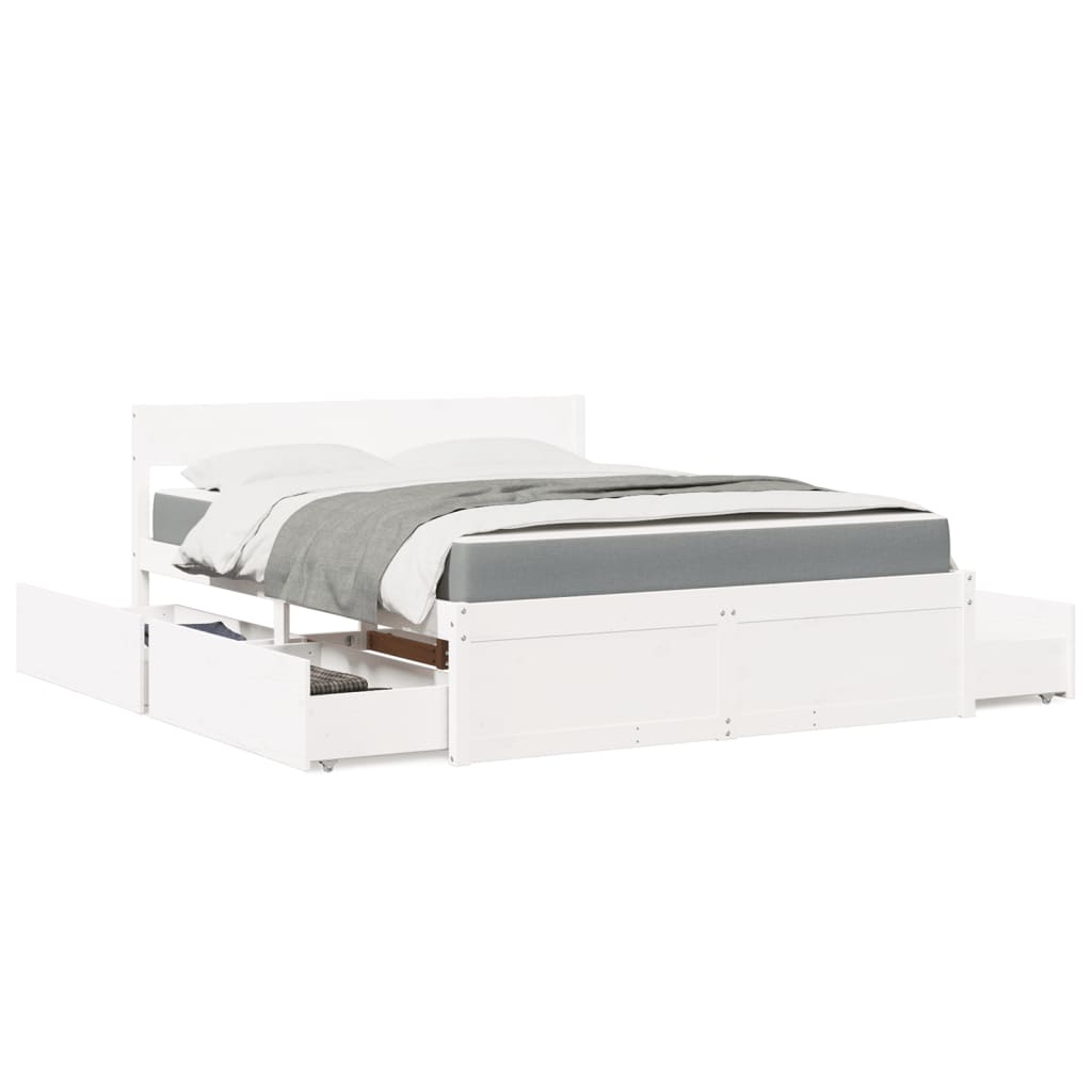 Lit avec tiroirs et matelas blanc 160x200 cm bois massif de pin - XIOS