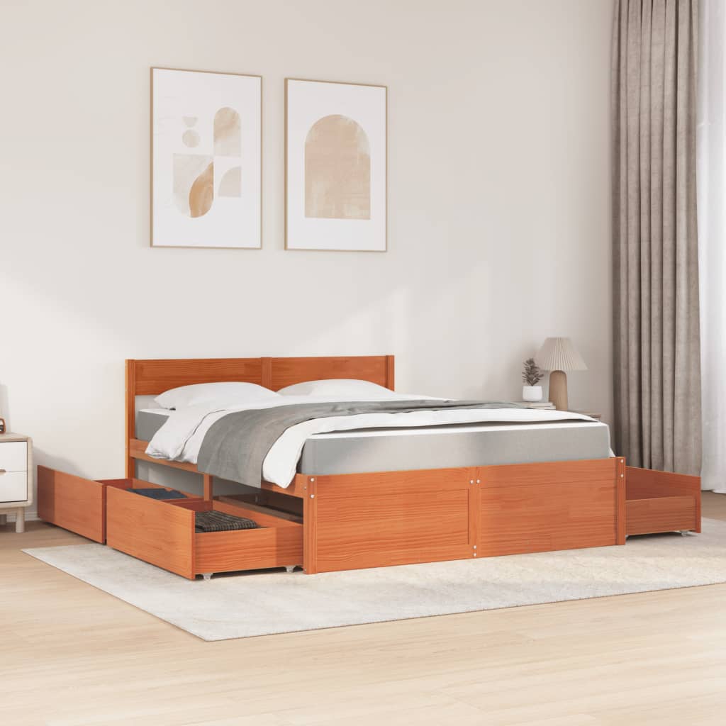 Lit avec tiroirs/matelas cire marron 160x200 cm bois massif pin - XIOS