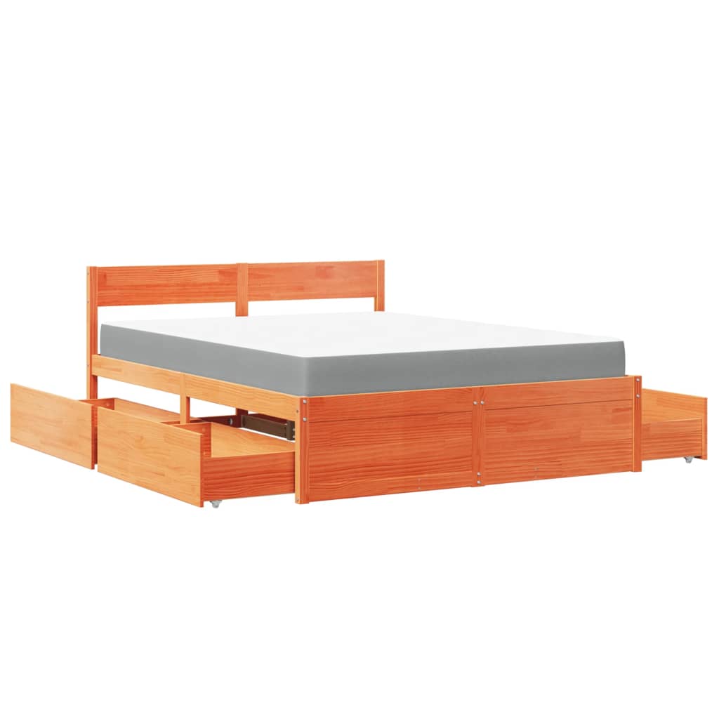 Lit avec tiroirs/matelas cire marron 160x200 cm bois massif pin - XIOS