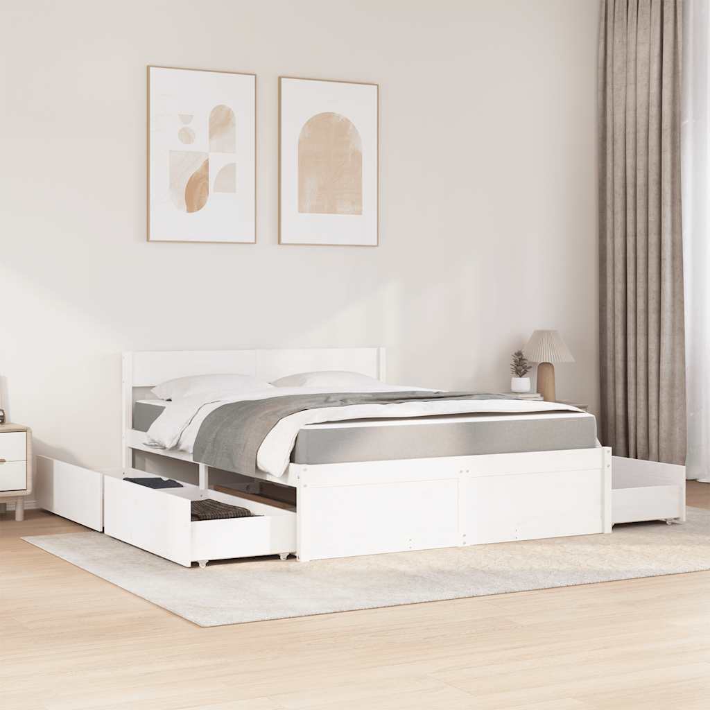 Lit avec tiroirs et matelas blanc 140x200 cm bois massif de pin - XIOS