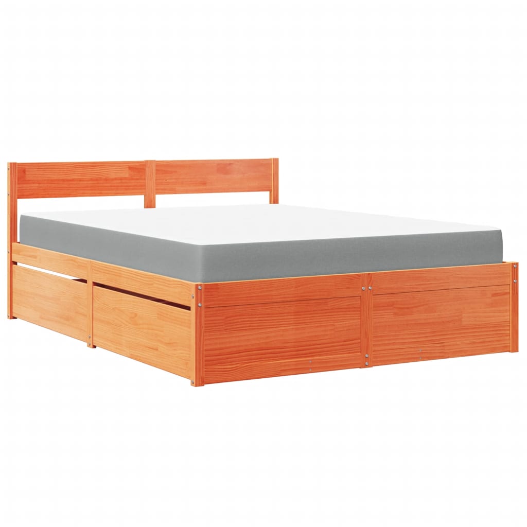 Lit avec tiroirs/matelas cire marron 140x200 cm bois massif pin - XIOS