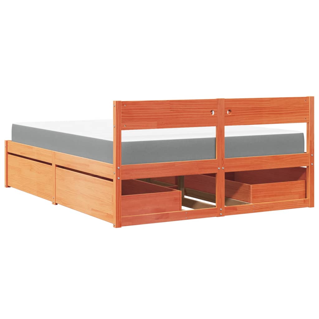 Lit avec tiroirs/matelas cire marron 140x200 cm bois massif pin - XIOS