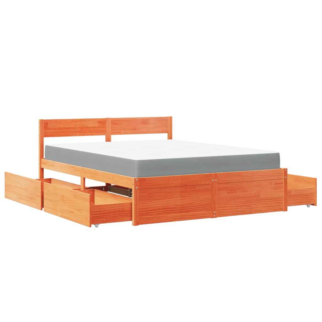 Lit avec tiroirs/matelas cire marron 140x200 cm bois massif pin - XIOS