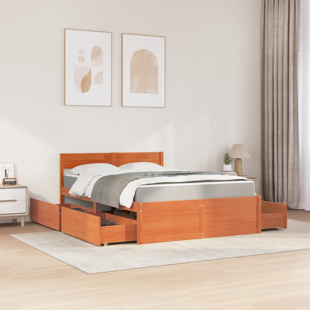 Lit avec tiroirs/matelas cire marron 120x200 cm bois massif pin - XIOS