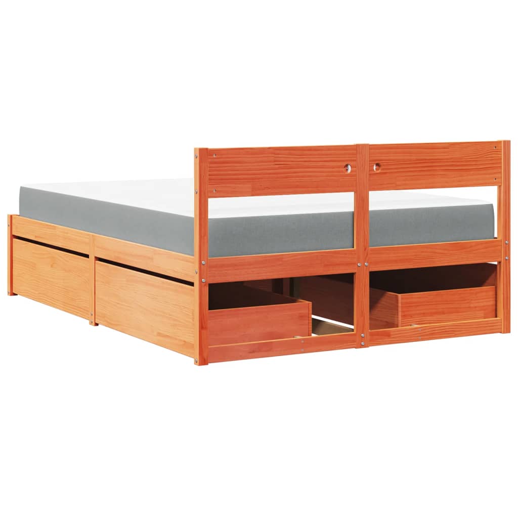 Lit avec tiroirs/matelas cire marron 120x200 cm bois massif pin - XIOS