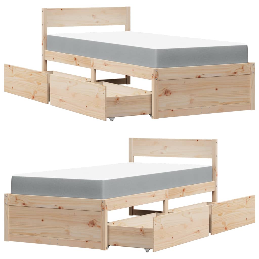 Lit avec tiroirs et matelas 90x200 cm bois massif de pin - XIOS