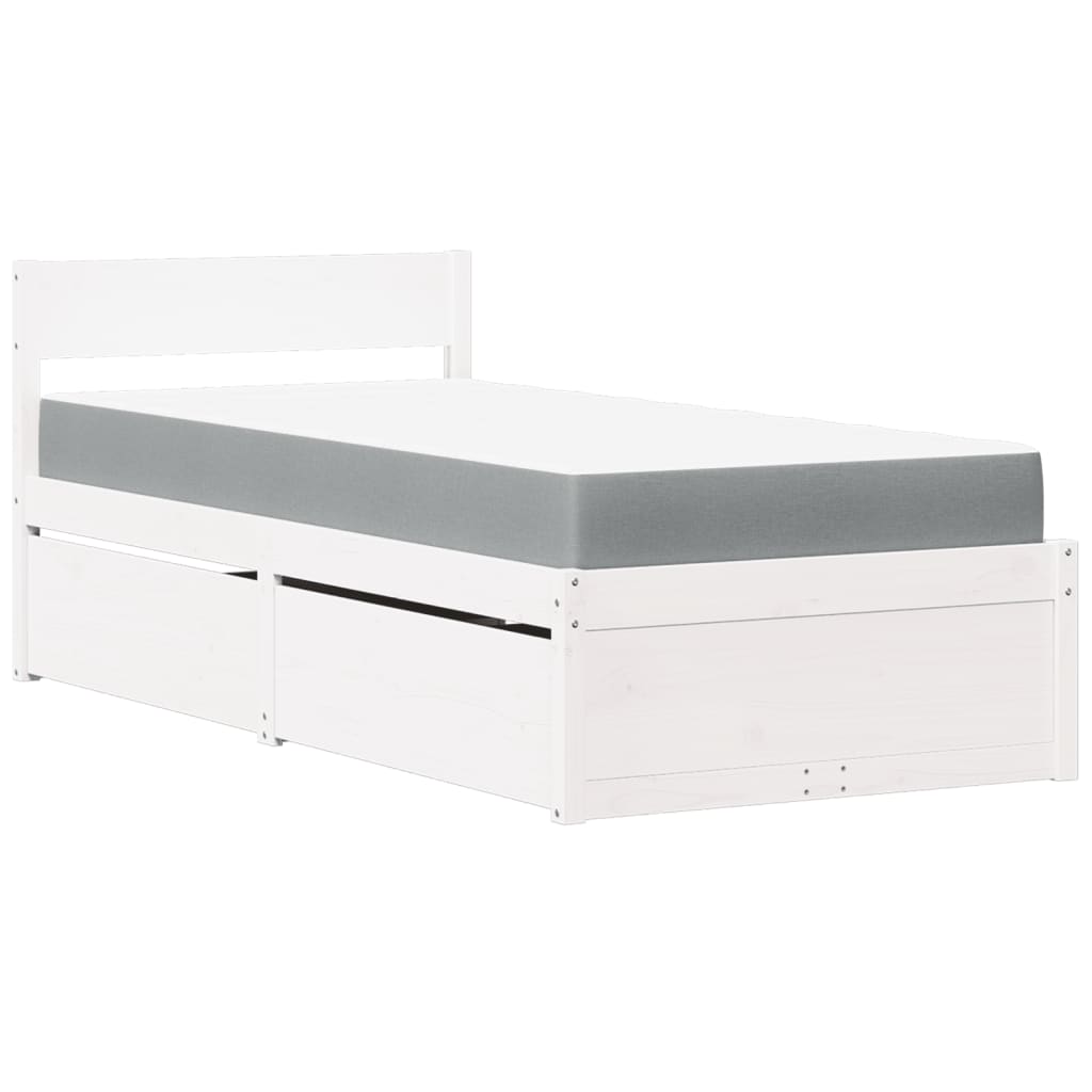 Lit avec tiroirs et matelas blanc 90x200 cm bois massif de pin - XIOS