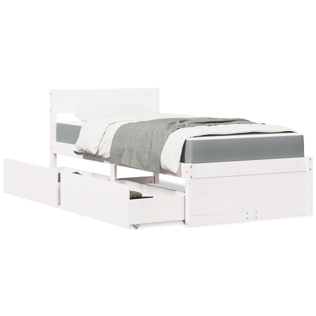 Lit avec tiroirs et matelas blanc 90x200 cm bois massif de pin - XIOS