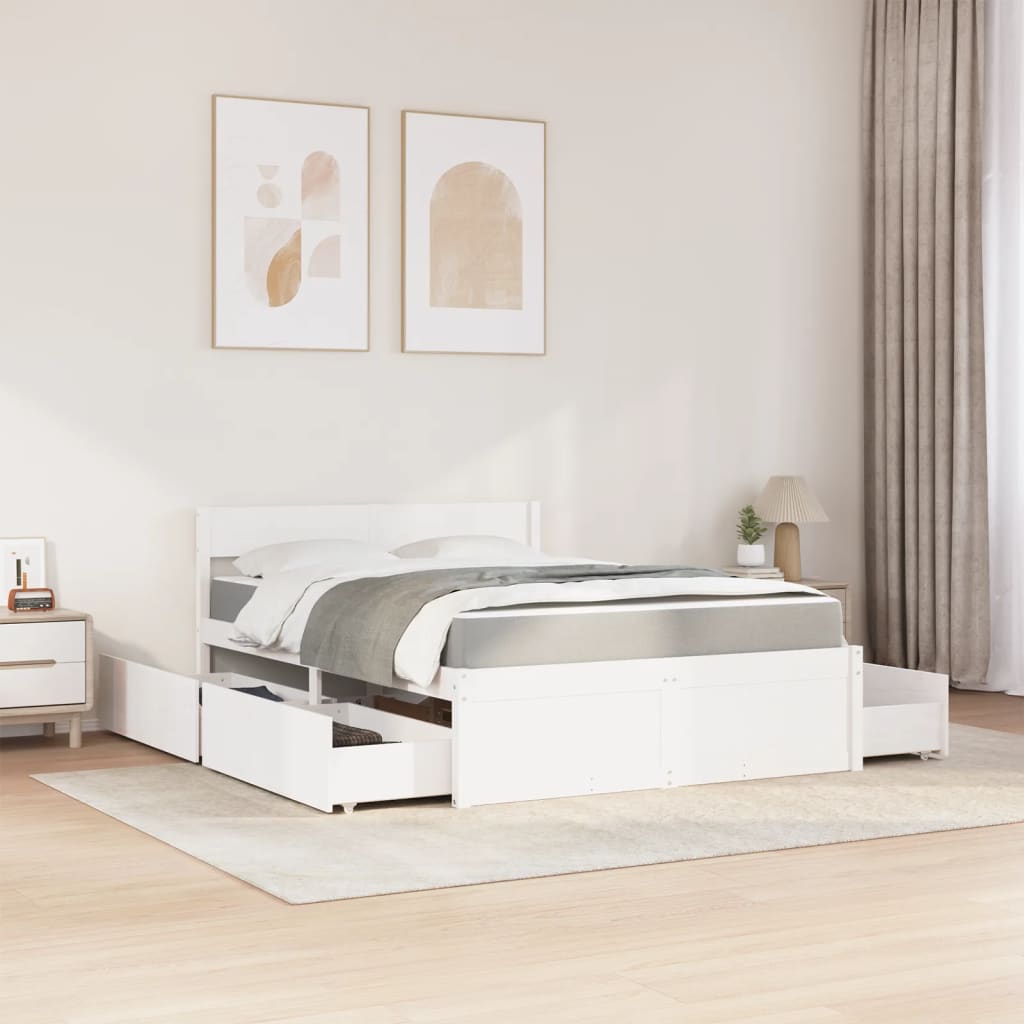 Lit avec tiroirs et matelas blanc 140x190 cm bois massif de pin - XIOS