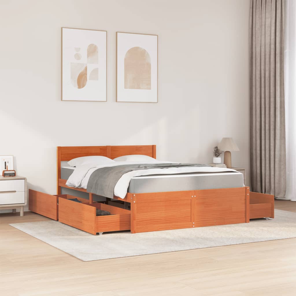 Lit avec tiroirs/matelas cire marron 140x190 cm bois massif pin - XIOS