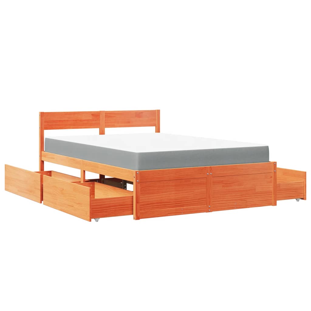 Lit avec tiroirs/matelas cire marron 140x190 cm bois massif pin - XIOS