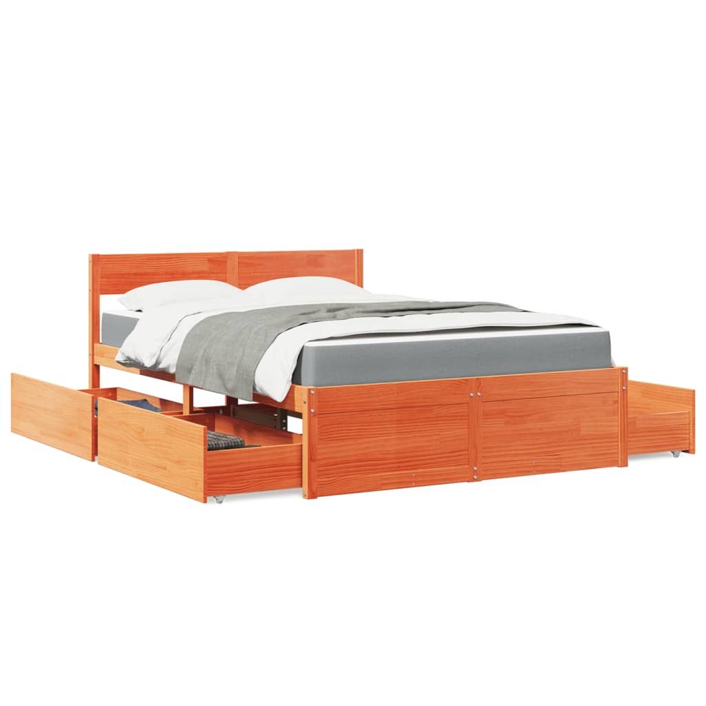 Lit avec tiroirs/matelas cire marron 140x190 cm bois massif pin - XIOS