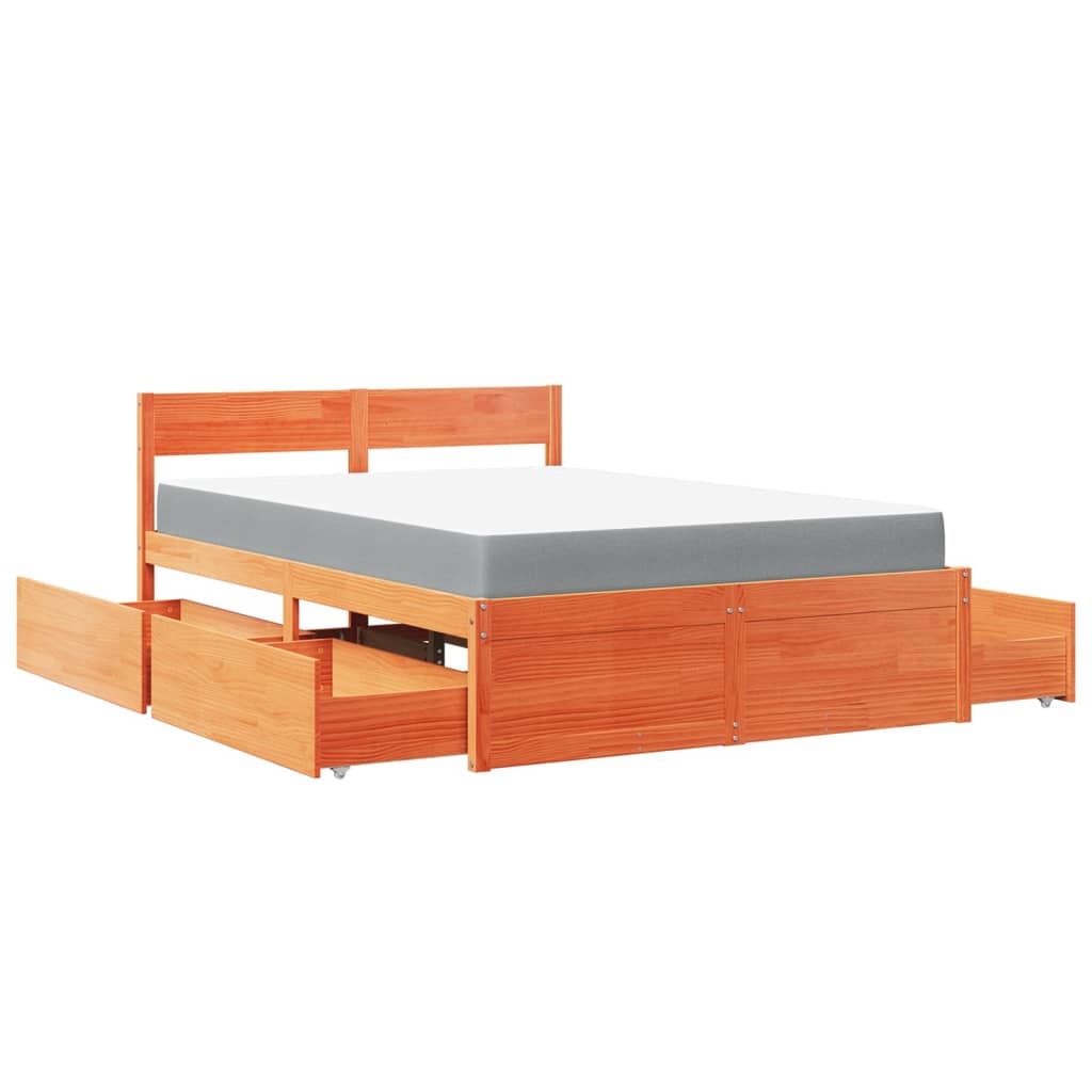 Lit avec tiroirs/matelas cire marron 120x190 cm bois massif pin - XIOS