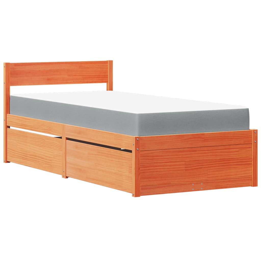 Lit avec tiroirs/matelas cire marron 90x190 cm bois massif pin - XIOS