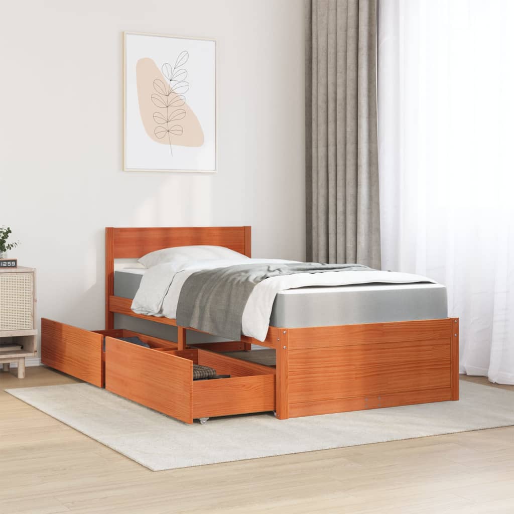 Lit avec tiroirs/matelas cire marron 90x190 cm bois massif pin - XIOS