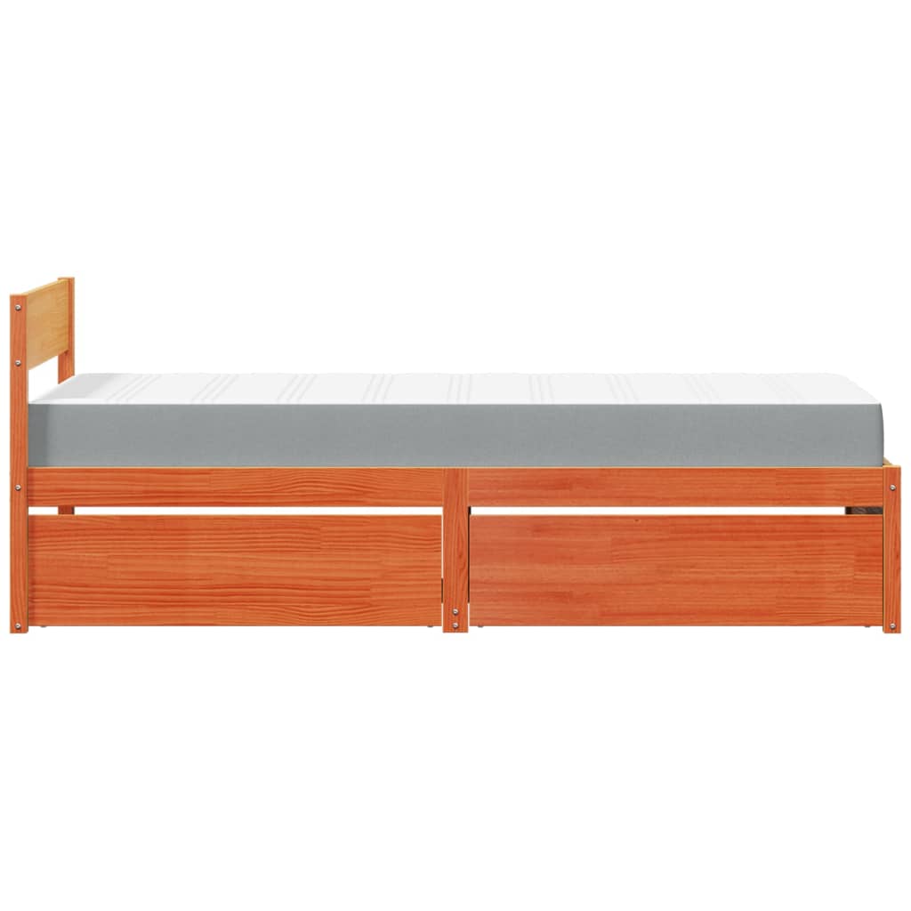Lit avec tiroirs/matelas cire marron 90x190 cm bois massif pin - XIOS