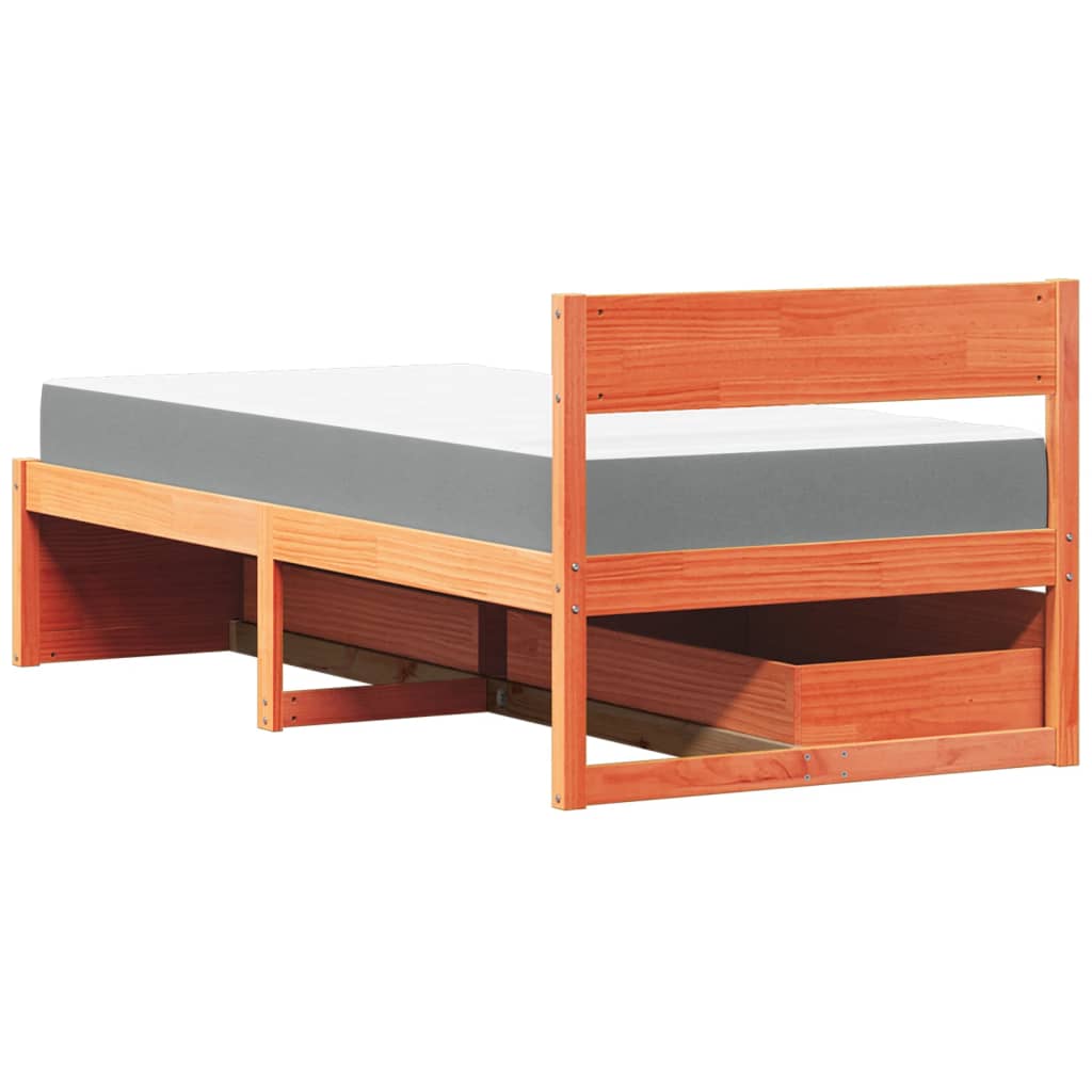 Lit avec tiroirs/matelas cire marron 90x190 cm bois massif pin - XIOS